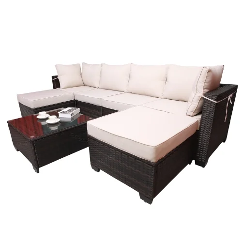 Outdoor Garden Patio Furniture 7-Piece PE Rattan Wicker Cushioned Sofa Sets and Coffee Table, patio furniture set;outdoor couch;outdoor couch patio furniture;outdoor sofa;patio couch