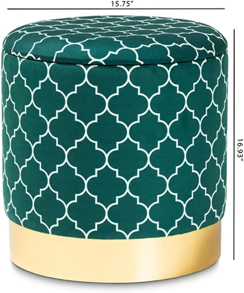 Serra and Luxe Green Quatrefoil Velvet Fabric Upholstered Gold Finished Metal Storage Ottoman