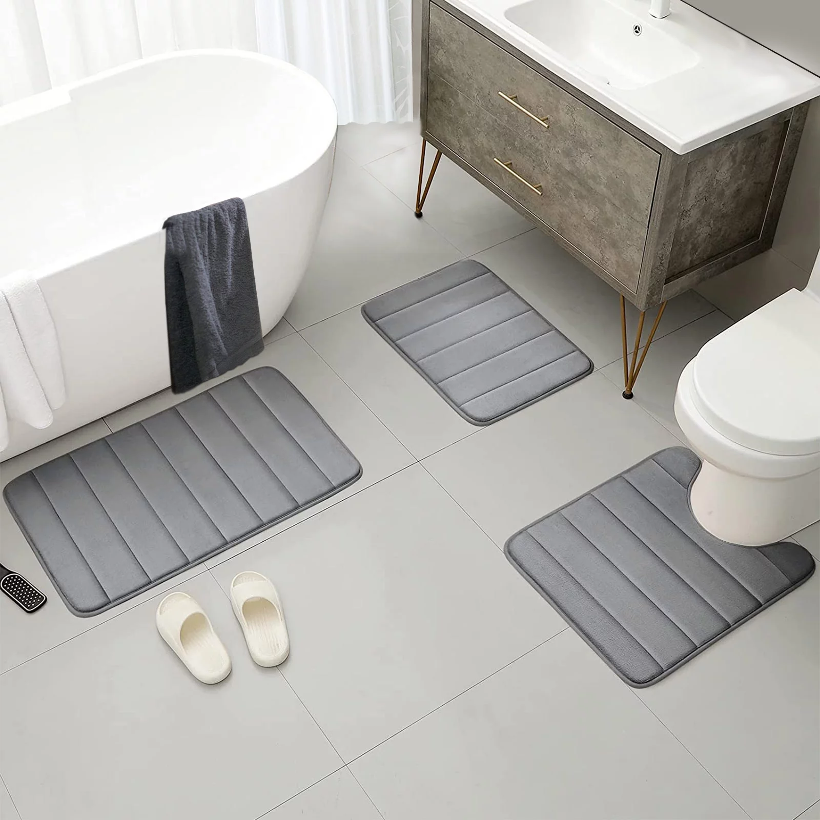 Tripumer Memory Foam Bath Mat Set Bathroom Rug Set 3 Piece Non Slip Extra Absorbent Thick Soft Dry Bath Mat Sets for Bathroom Washable Carpets Set 15.7x23.6+19.7x31.5 inches Light Gray