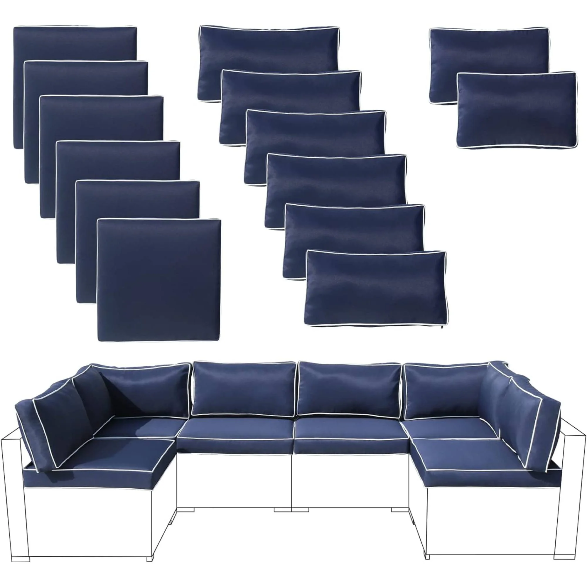 FKSLIFE Patio Furniture Replacement Cushions Outdoor Sectional Ratten Conversation Set Water-Resistant Sofa Cushions Liner and Cover Dark Blue and White 14 Piece 25.6