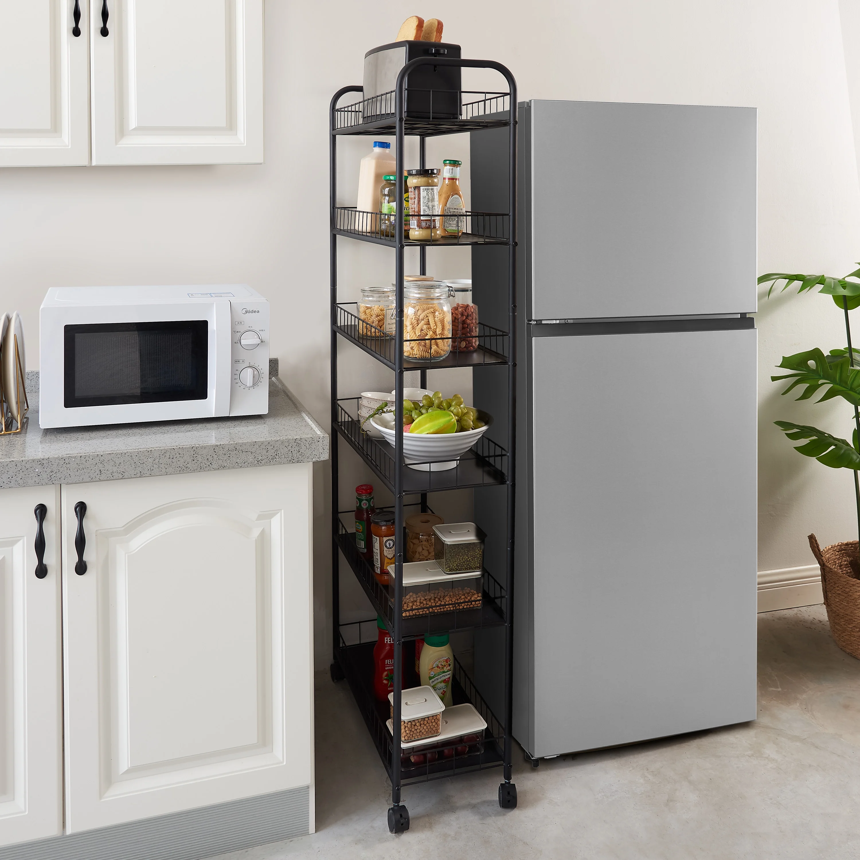 6 Tier Slim Rolling Storage Cart, Mobile Shelving Unit with Wheels, Metal Wire Storage Shelving Rack with Baskets for Kitchen, Bathroom, Office, Laundry - Ideal for Narrow Spaces (Black)