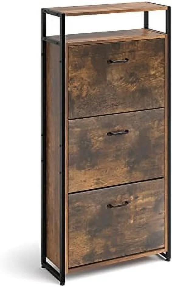 ZFGSUIJN 3 Drawer Industrial Shoe Cabinet  Slim Freestanding Wood Shoe Rack  Organizer Stand with Flip Doors  Open    Anti Toppling for 15-18 Pairs (Rustic Brown  Medium)