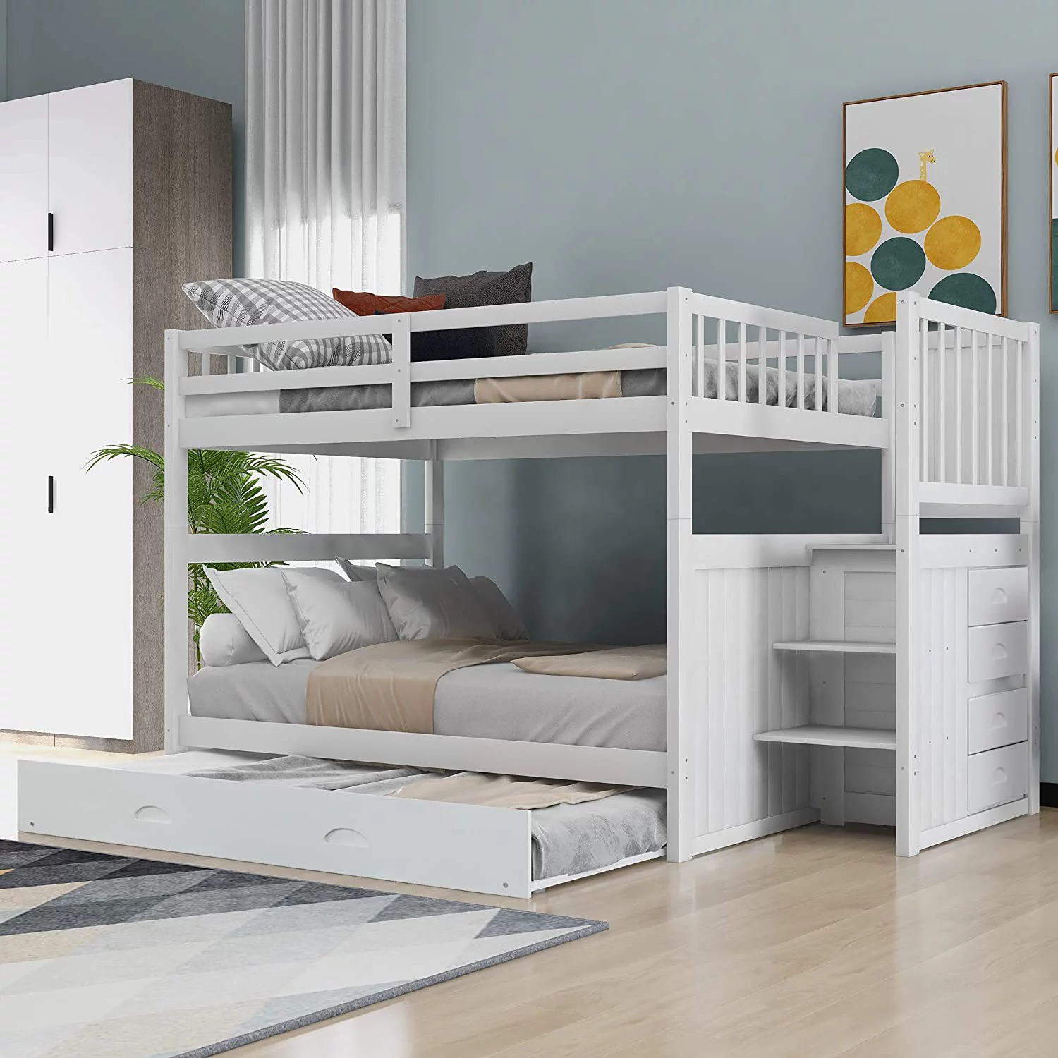 Full Over Full Bunk Bed With Trundle And Storage Drawers, Solid Wooden Bunk Bed Frame With Staircase, Safety Guardrail For Kids Teens Adults, No Box Spring Needed (White)