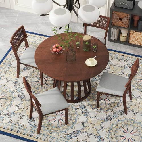 5-Piece Retro Dining Set with 1 Round Dining Table and 4 Upholstered Chairs with Rattan Backrests for Dining Room and Kitchen (Walnut)