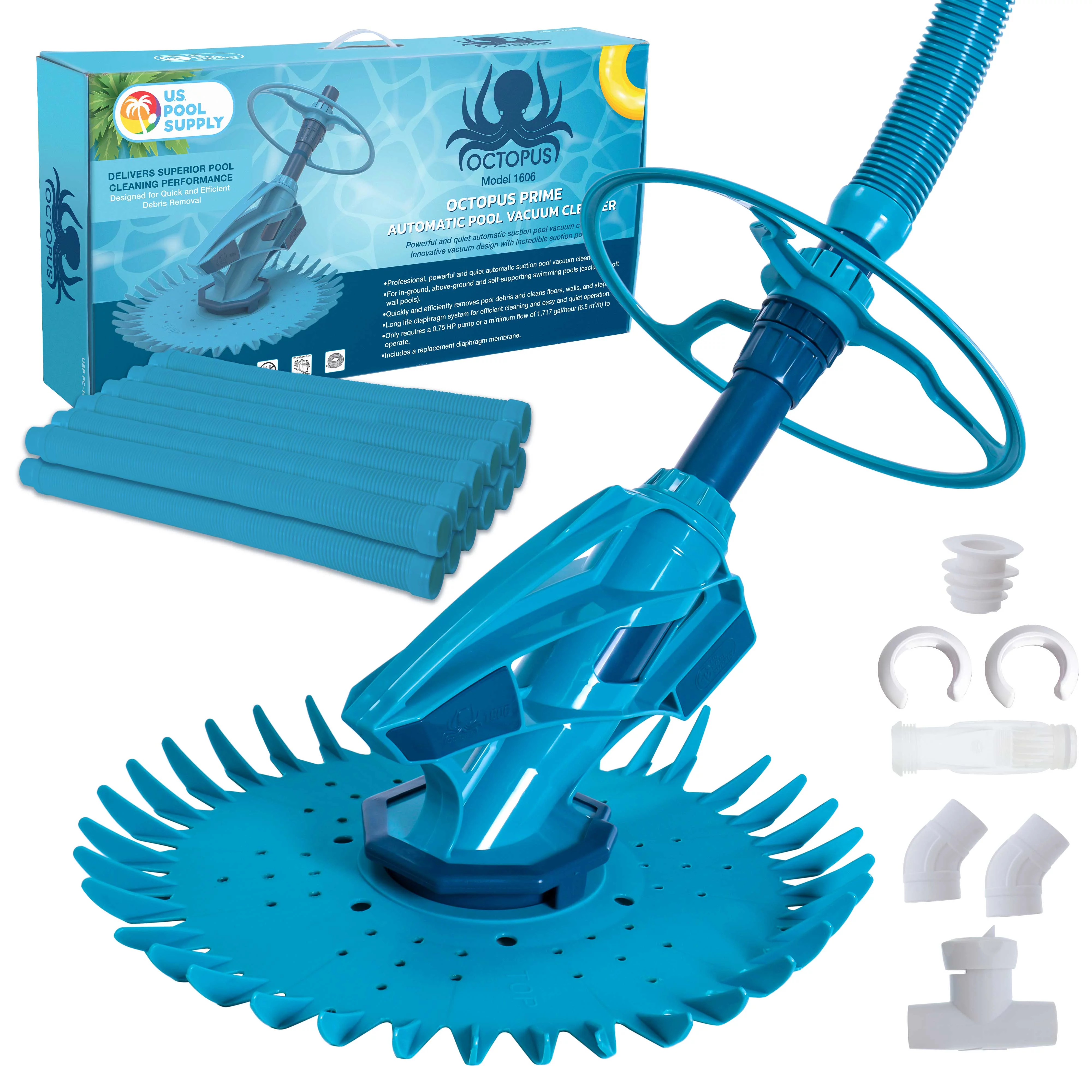 U.S. Pool Supply Octopus Prime Automatic Pool Vacuum Cleaner & Hose Set - Powerful Suction that Removes Swimming Pool Debris, Cleans Floors, Walls, Steps - Quiet Fast Cleaning Side Climbing Sweeper