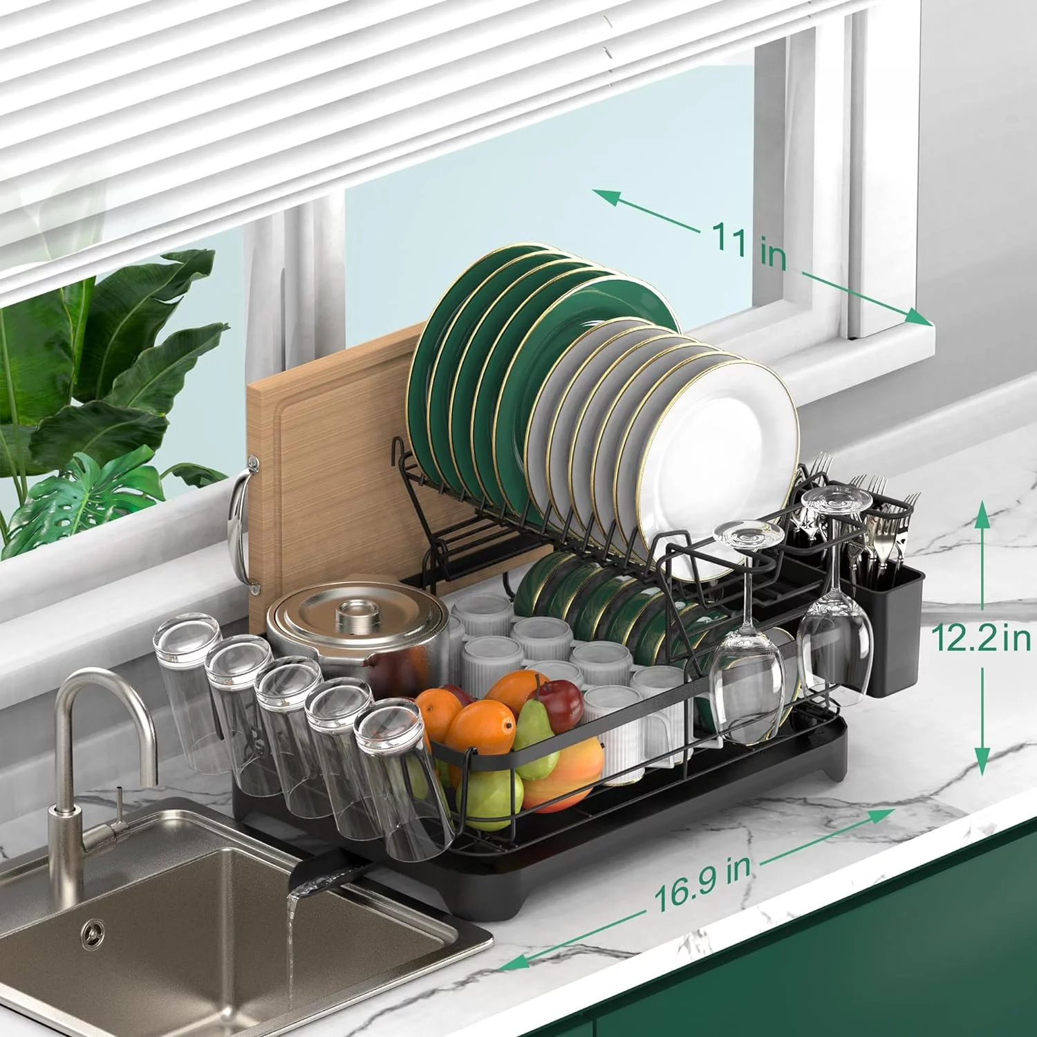 Rottogoon Large Dish Drying Rack, 2-Tier Stainless Steel for Kitchen Counter, Durable Dish Drainer with Drainboard, Utensil/ Cup/ Wine Glass/Cutting Board Holder, Black