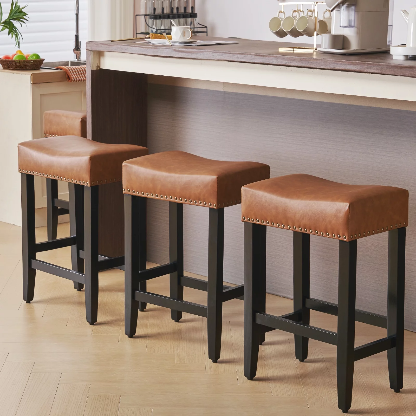 26 Inch Bar Stools Set of 2 Saddle Stools for Counter Height Brown Leather Bar Stools