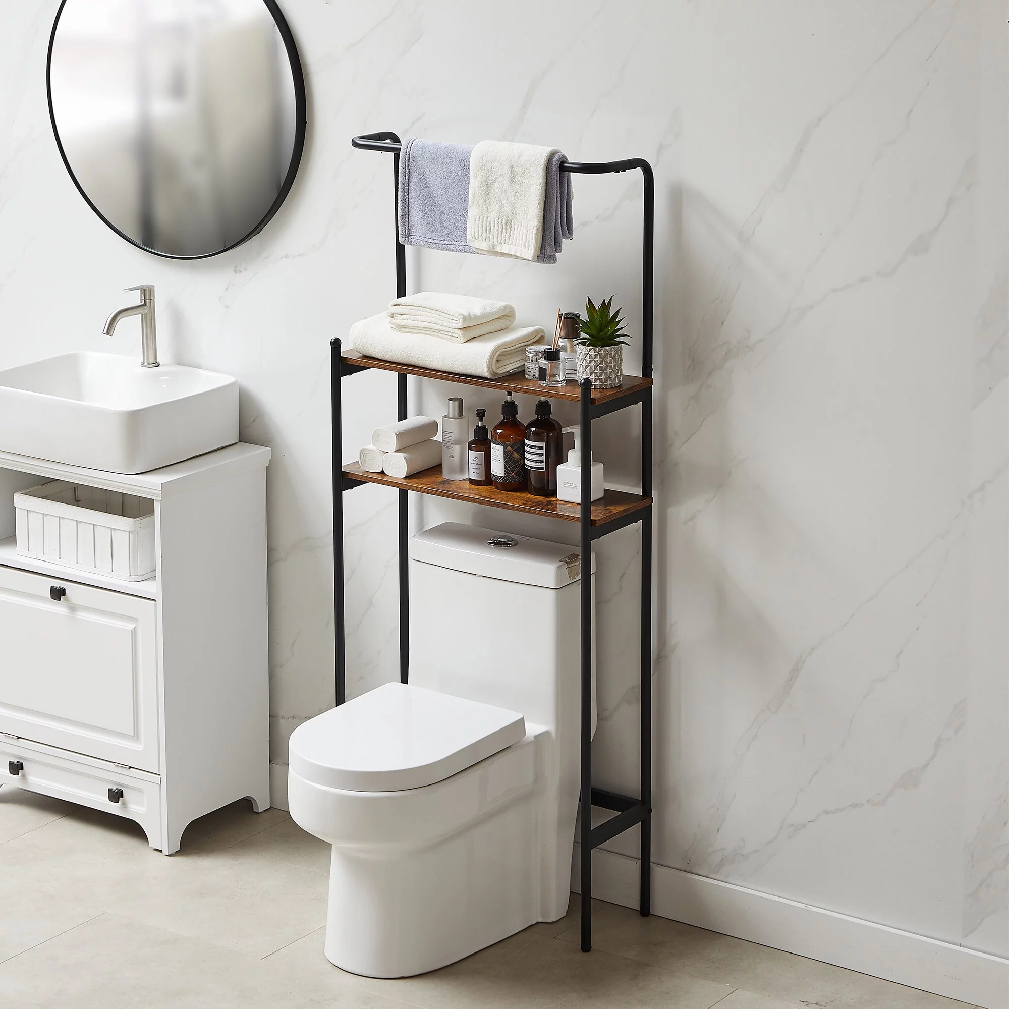 VECELO 2-Tier Toilet Shelf with Hanging Rod, Over The Toilet Rack Bathroom Storage Organizer Rack, Bathroom Tower Shelf, Brown