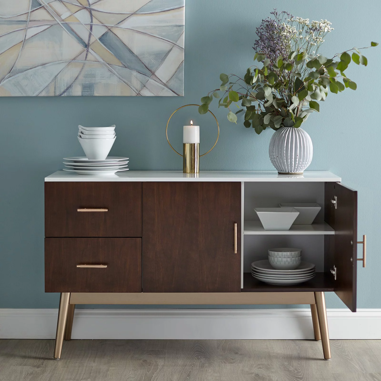 Simple Living  Stacy Mid-Century Buffet/Sideboard Walnut Walnut Finish Cabinets, Drawers