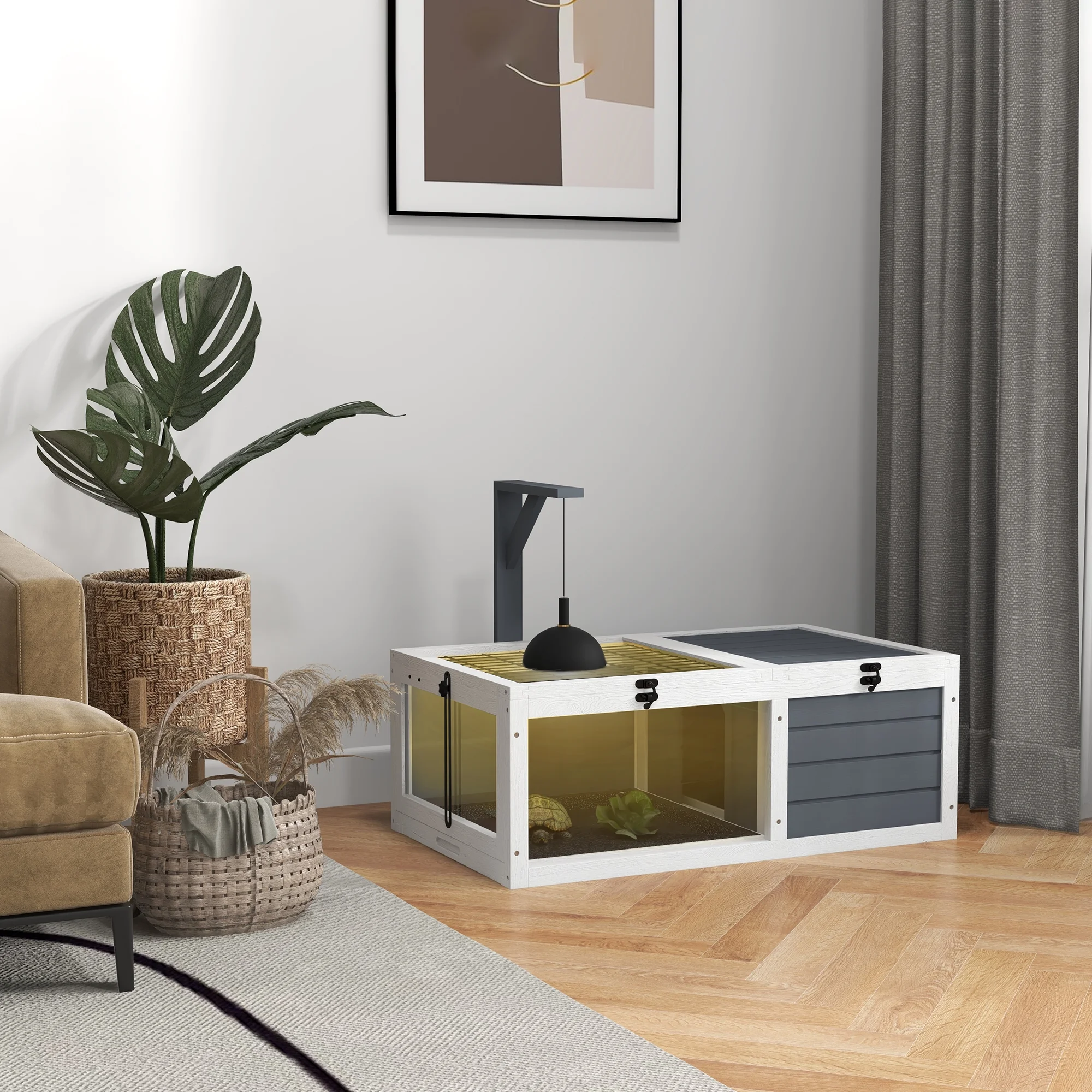 PawHut Tortoise Habitat, Wooden Tortoise House w/ Lamp Holder, Gray