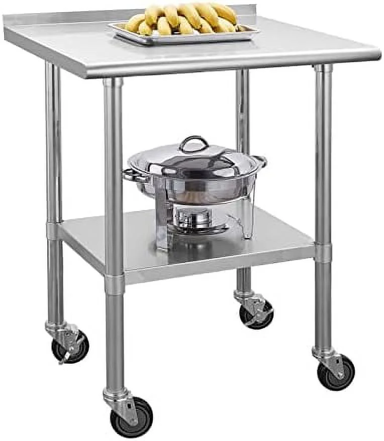 TQJKLFDY Stainless Steel Table with Wheels Stainless Steel Work Table for Garage  NSF Kitchen Stainless Steel Prep Tables with Backsplash for Commercial Kitchen  Workshop  Hotel  Laundry