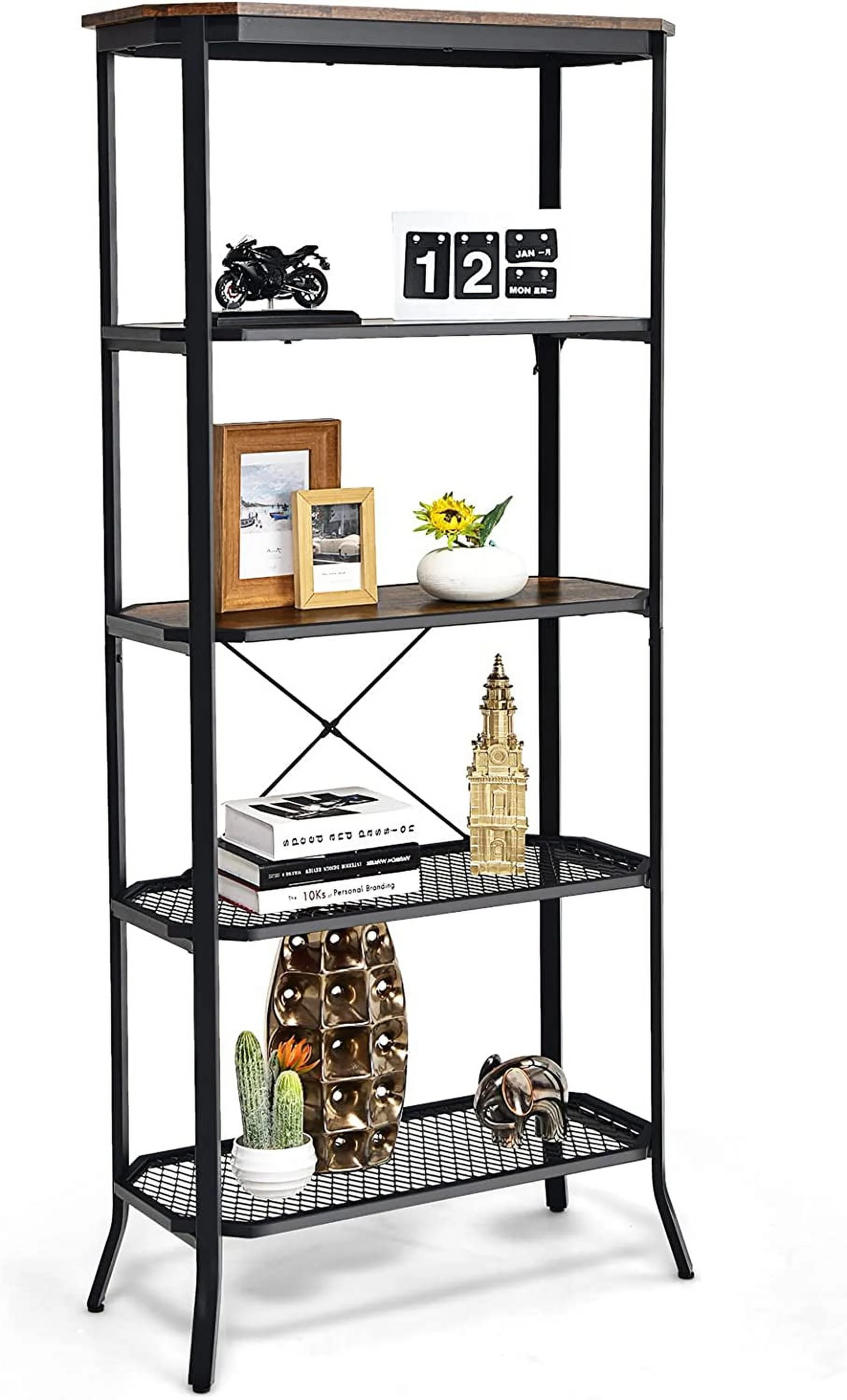 Industrial 5-Tier Bookshelf, Rustic Brown Open Shelving with Steel Frame, Vintage Freestanding Display Shelf Storage Rack, 68