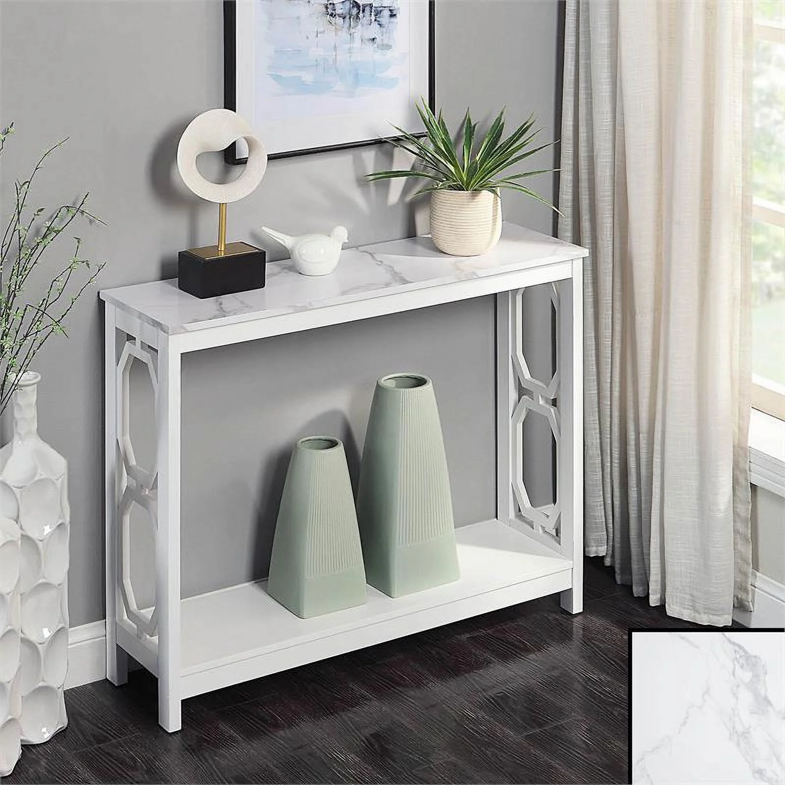 Pemberly Row Console Table with Shelf with White Faux Marble & White Wood Finish