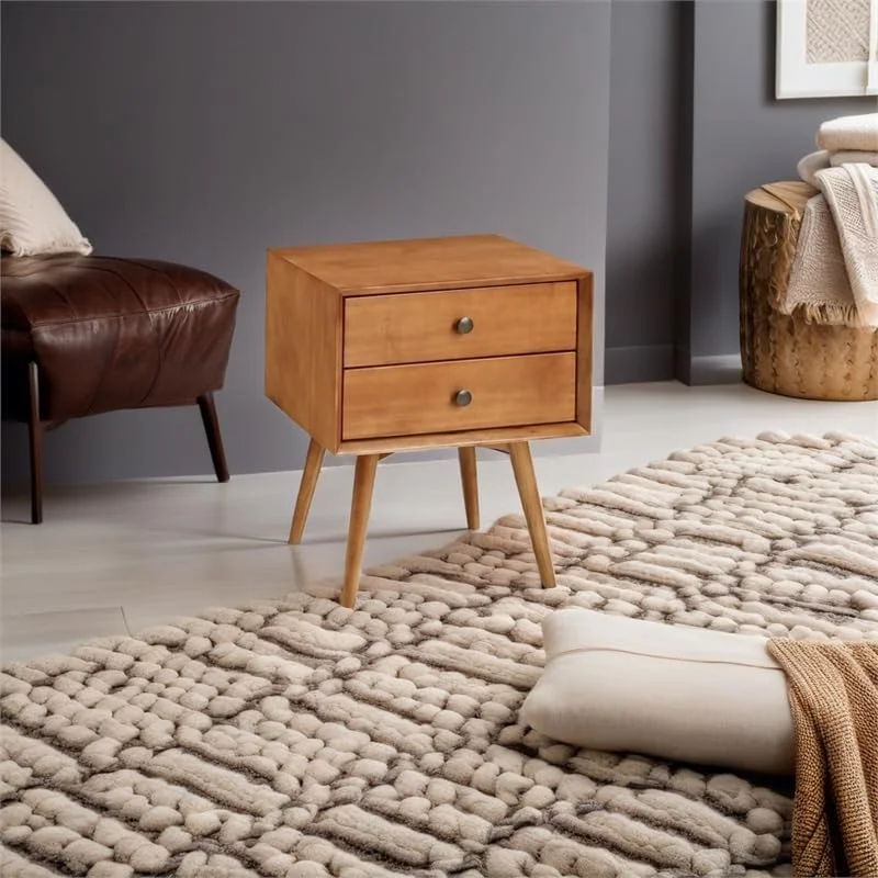 Modern 2 Drawer Solid Wood Bedside Nightstand In Caramel