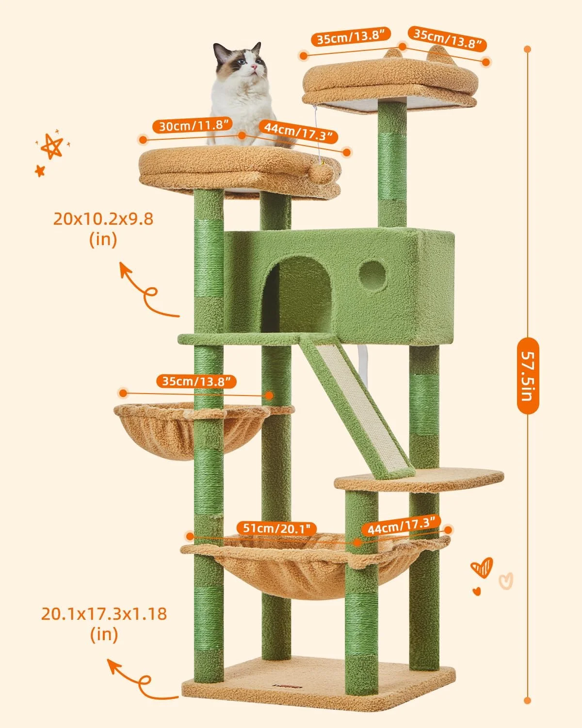 57.5-Inch Cat Tree for Large Cats, Plush Multi-Level Cat Condo with 8 Scratching Posts, 2 Perches, Cave, Hammock, 2 Pompoms, Scratch Board for Indoor Cats -MSC026 Cactus
