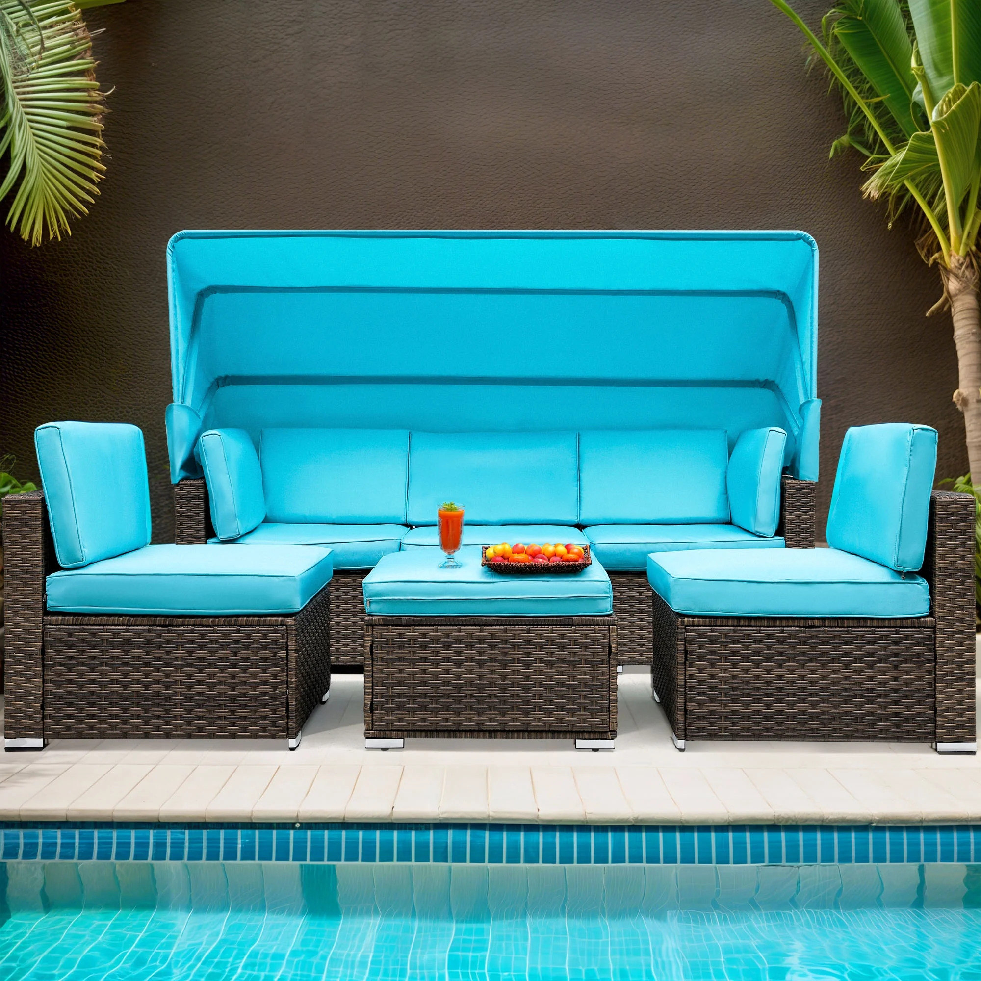 ModFusion Outdoor Wicker Daybed with Retractable Canopy Sectional Seating Sofa Set, Patio Rattan Lounger, Soft Cushion Sunbed for Poolside, Backyard Garden, Sky Blue