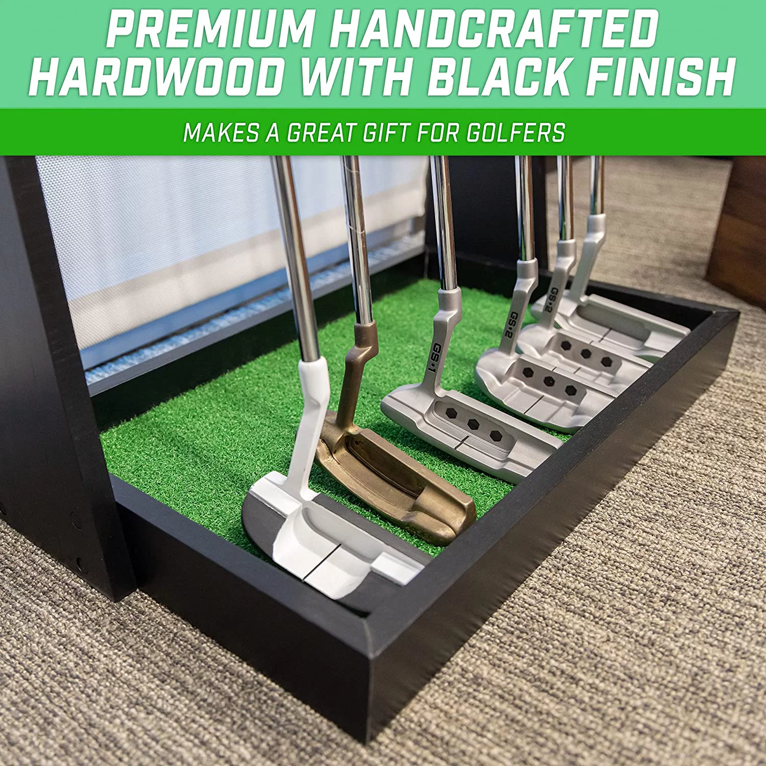 GoSports Premium Wooden Golf Putter Stand - Indoor Display Rack - Holds 6 Clubs - Black