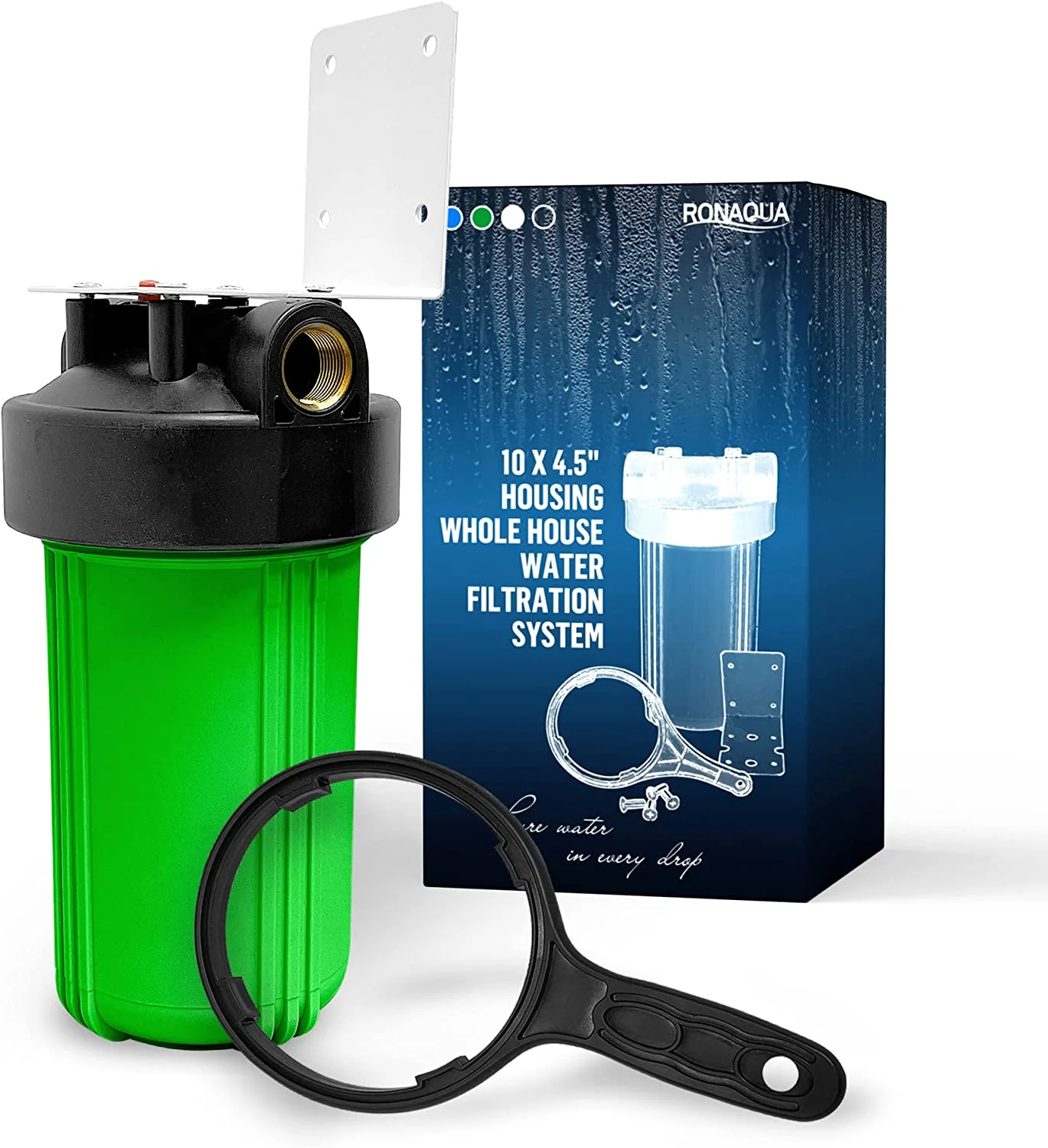 High Capacity 10 x 4.5” Whole House Filter Purifier System for Well or City Water, Presser Relief Button, 1” NPT Brass Port, Double O-ring, Meets NSF Standards & Regulations (Green, 1 Set)