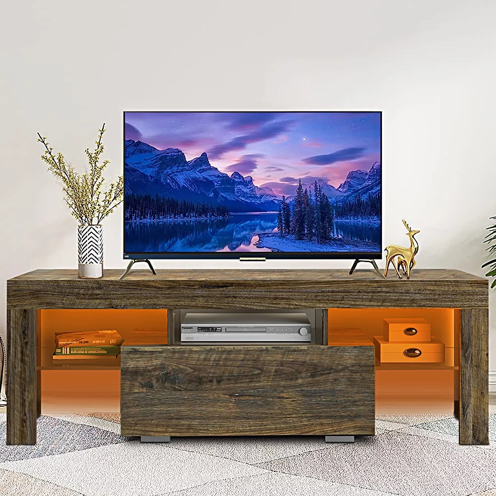 SESSLIFE Wood TV Stand for 55 inch TV, Wooden Entertainment Center Combination TV Cabinet with a Drawer, TV Console Stand Bookcase for Living Room Office