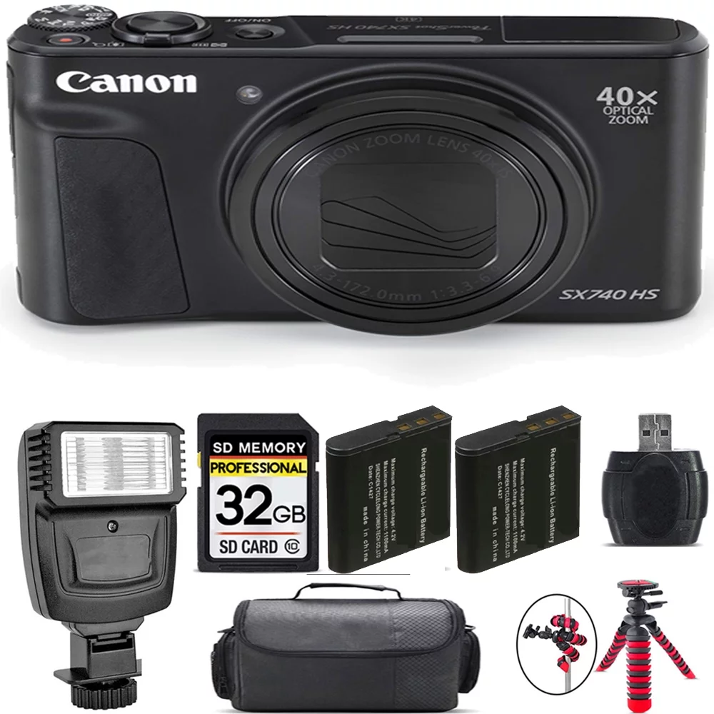 Canon PowerShot SX740 HS Digital Camera (Black) + Extra Battery + Flash - 32GB Kit