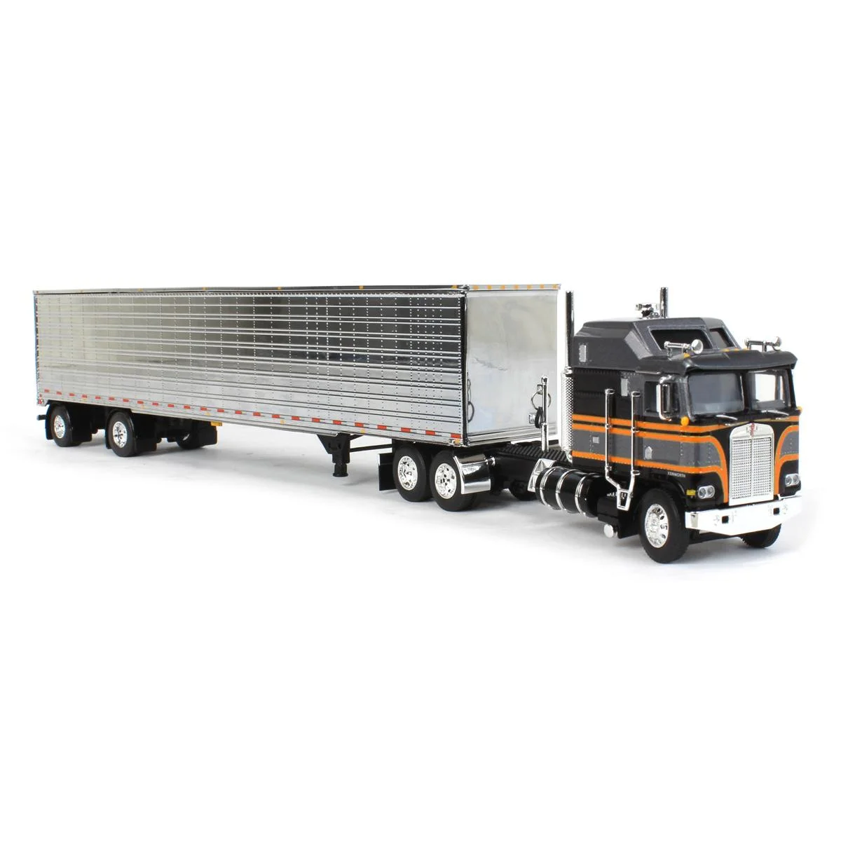 First Gear 1/64 Silver & Black Kenworth K100 Aerodyne Long Frame w/ Chrome Van Trailer, DCP by First Gear, 60-1559