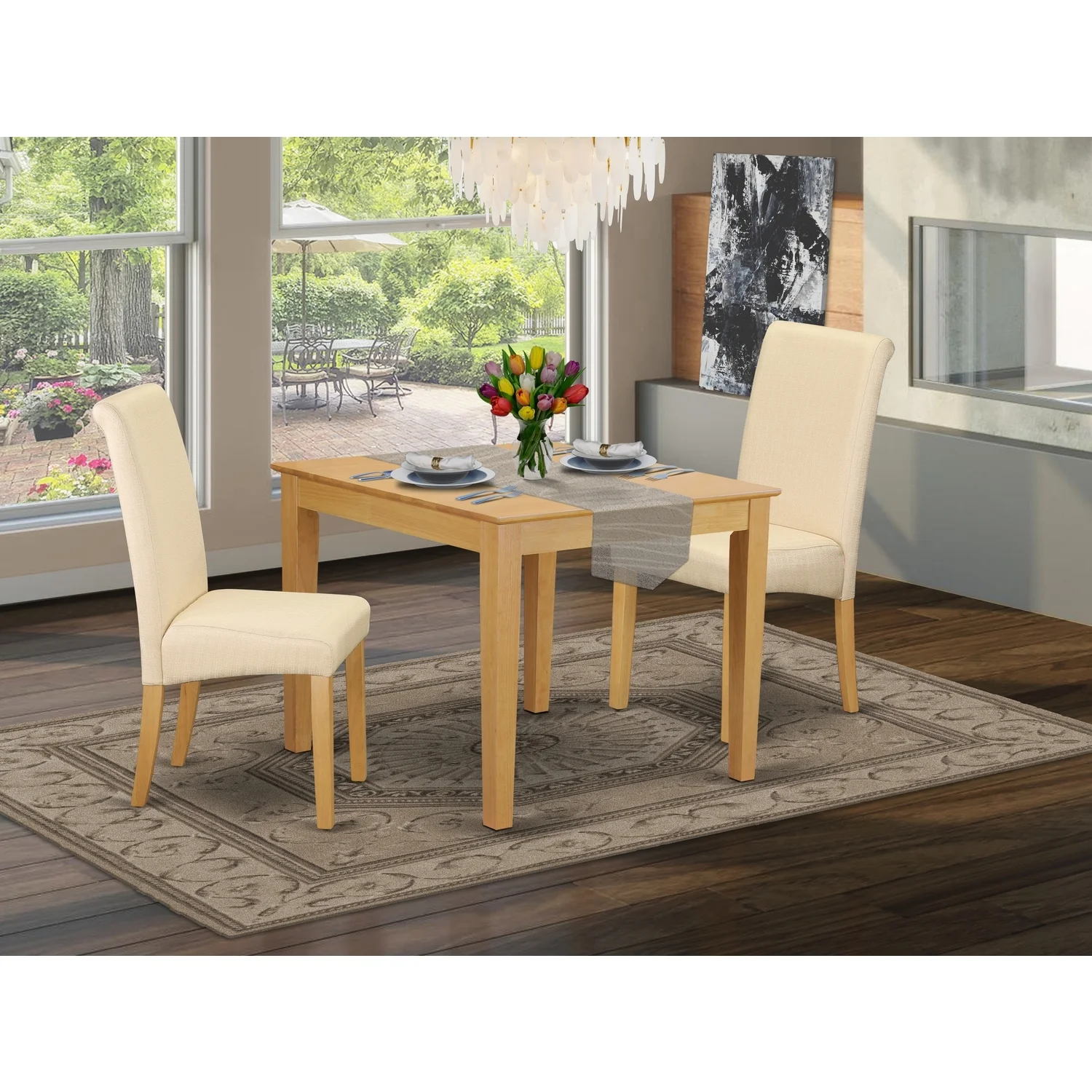HomeStock Lakefront Luxury 3Pc Square Table With Linen Beige Fabric Parson Chairs With Oak Chair Legs