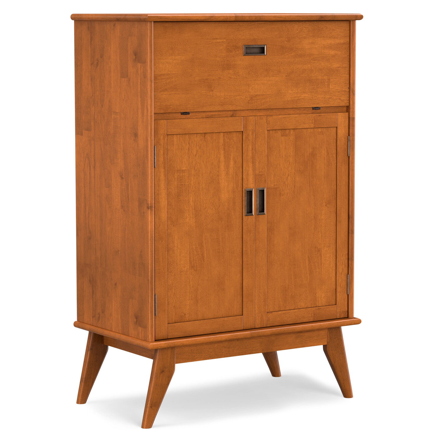 Simpli home Draper SOLID HARDWOOD Mid Century Modern 32 inch Wide Bar Cabinet in Teak Brown