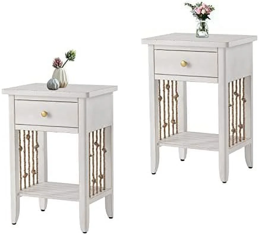 NLTBONNIE End Table with Shelves Sets of 2  2 Pieces Bedside Table Sets  2 Tier  Wooden Small   Accent Table Nightstand with Real Hemp Rope for Living Room  Bedroom