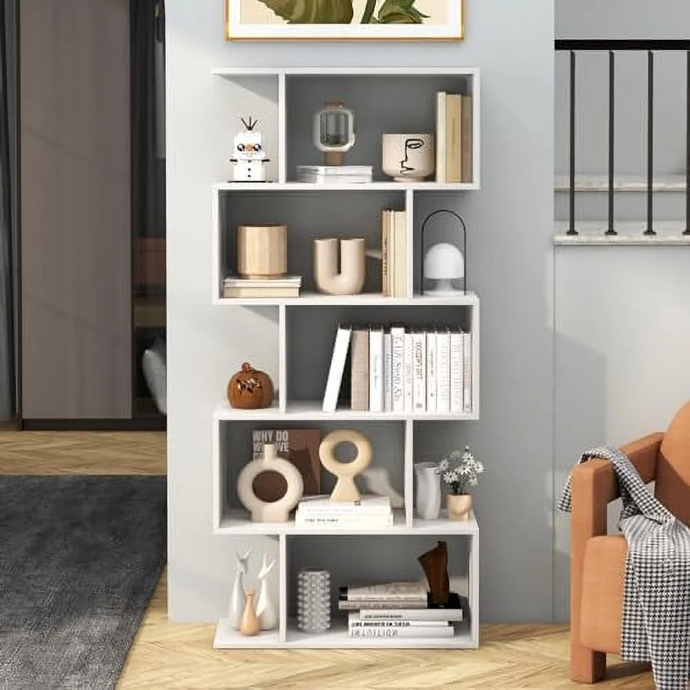 TJCGDTY 5-Tier Geometric Bookshelf  S Shaped Bookcase w/Anti-Toppling Device  Freestanding Room Divider  Industrial Home Office Decor Wood Open  Display  for Living Room (2  White)