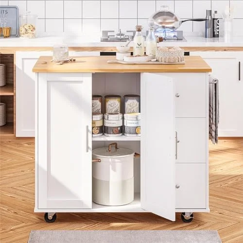 GEROBOOM Kitchen Island on Wheels with  Cabinet  3 Tier Rolling Cart with Drawers and Natural Wood Top  2 Shelves &Towel Rack  Mobile Island Table for Kitchen  Dining Room  Living Roo