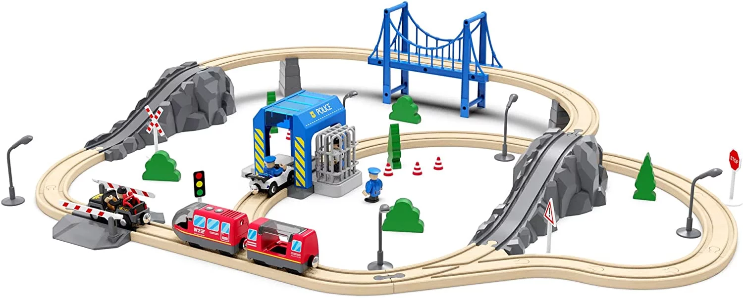 Wooden Train Tracks Accessories, Train Set Piece of Police Station Compatible with All Railroad Track Collection, Train Toys Expansion Pack for Kids Ages 3 and Up.