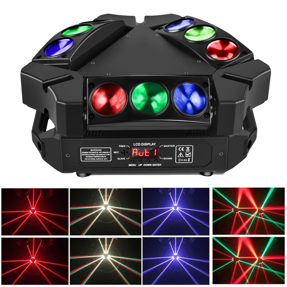 Mini 9 Head Bird Moving Head Beam Light 9*3W RGB LED Stage Lights DMX512 Sound Active Disco Party Pub Wedding Christmas Stage Lighting