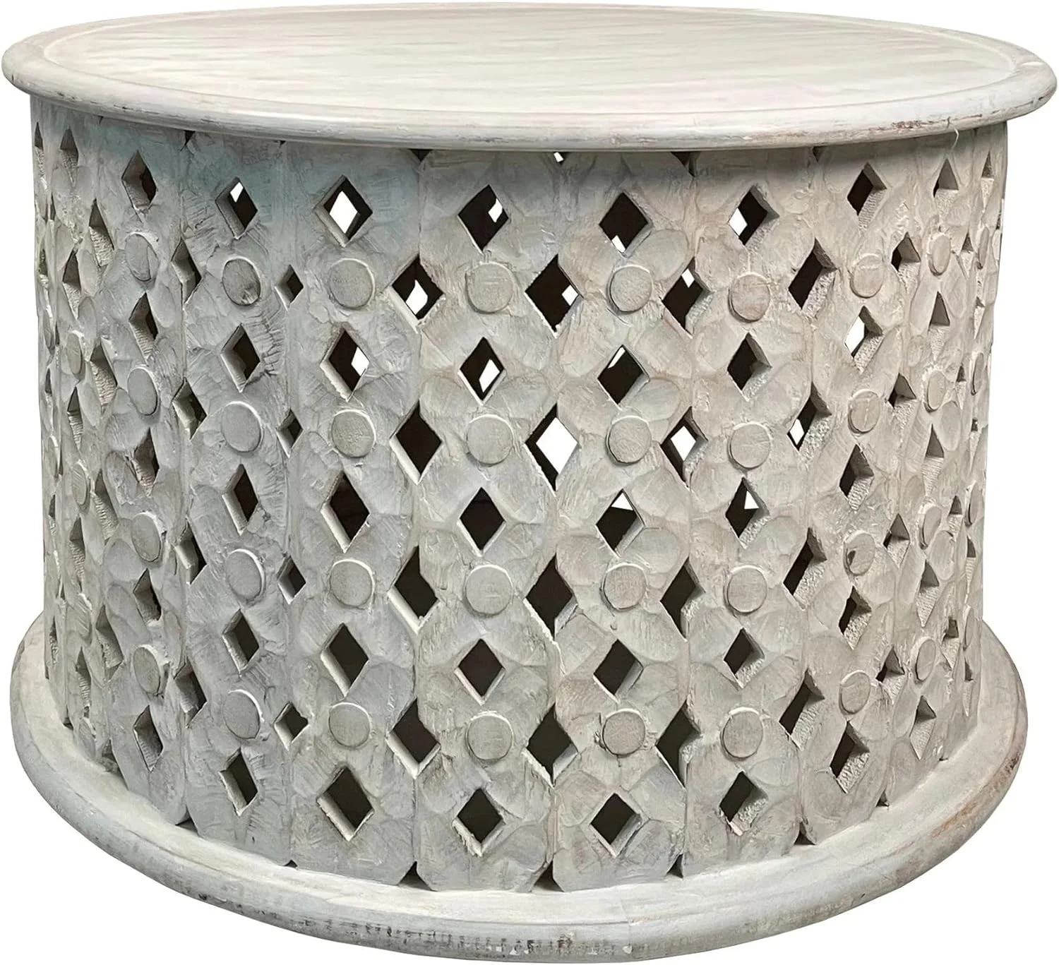 xrboomlife Mango Wood Farmhouse Round Coffee Table with Intricate  Cut-Out Base