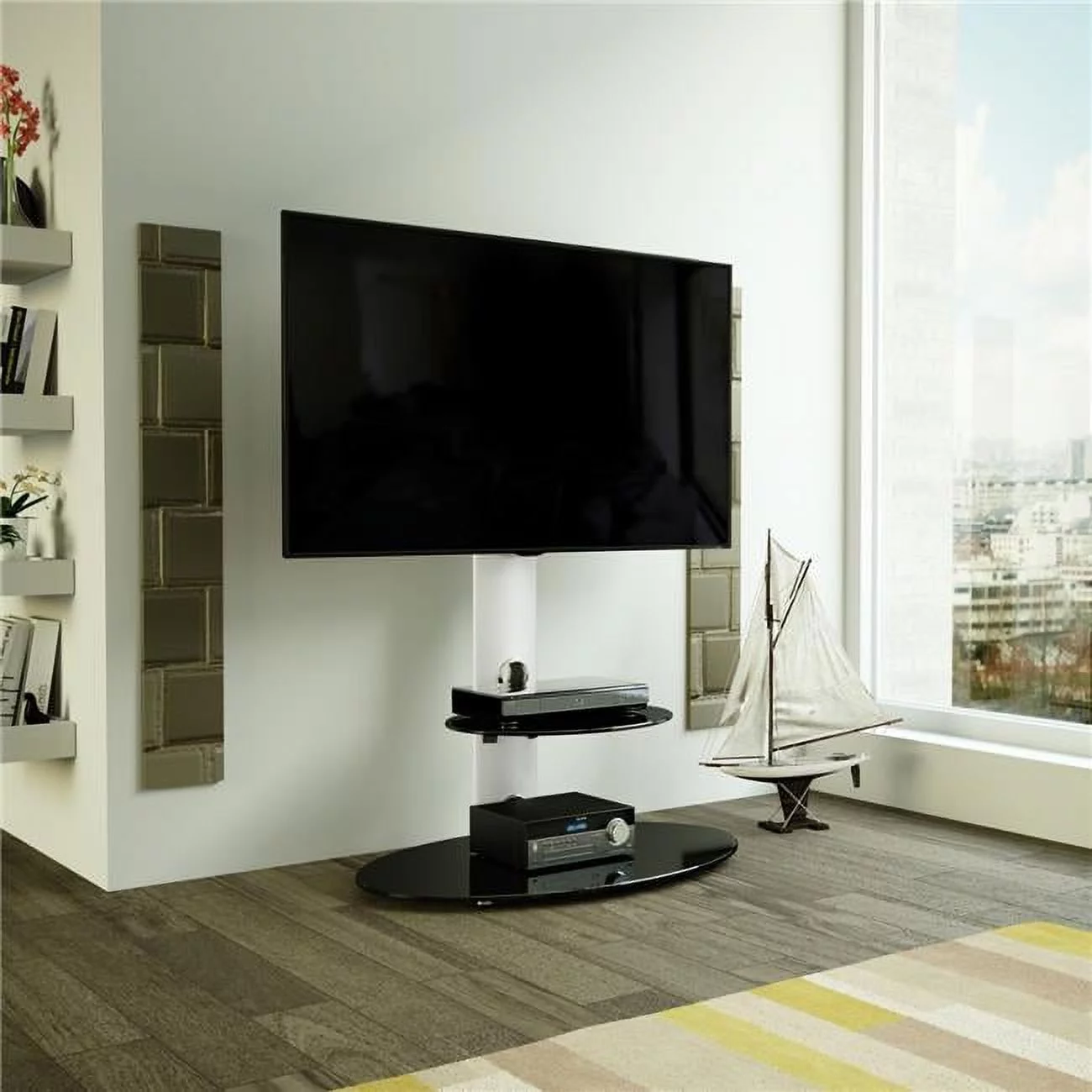 AVF  Combi Lugano Oval Pedestal TV Stand - Silver Effect & Black Glass