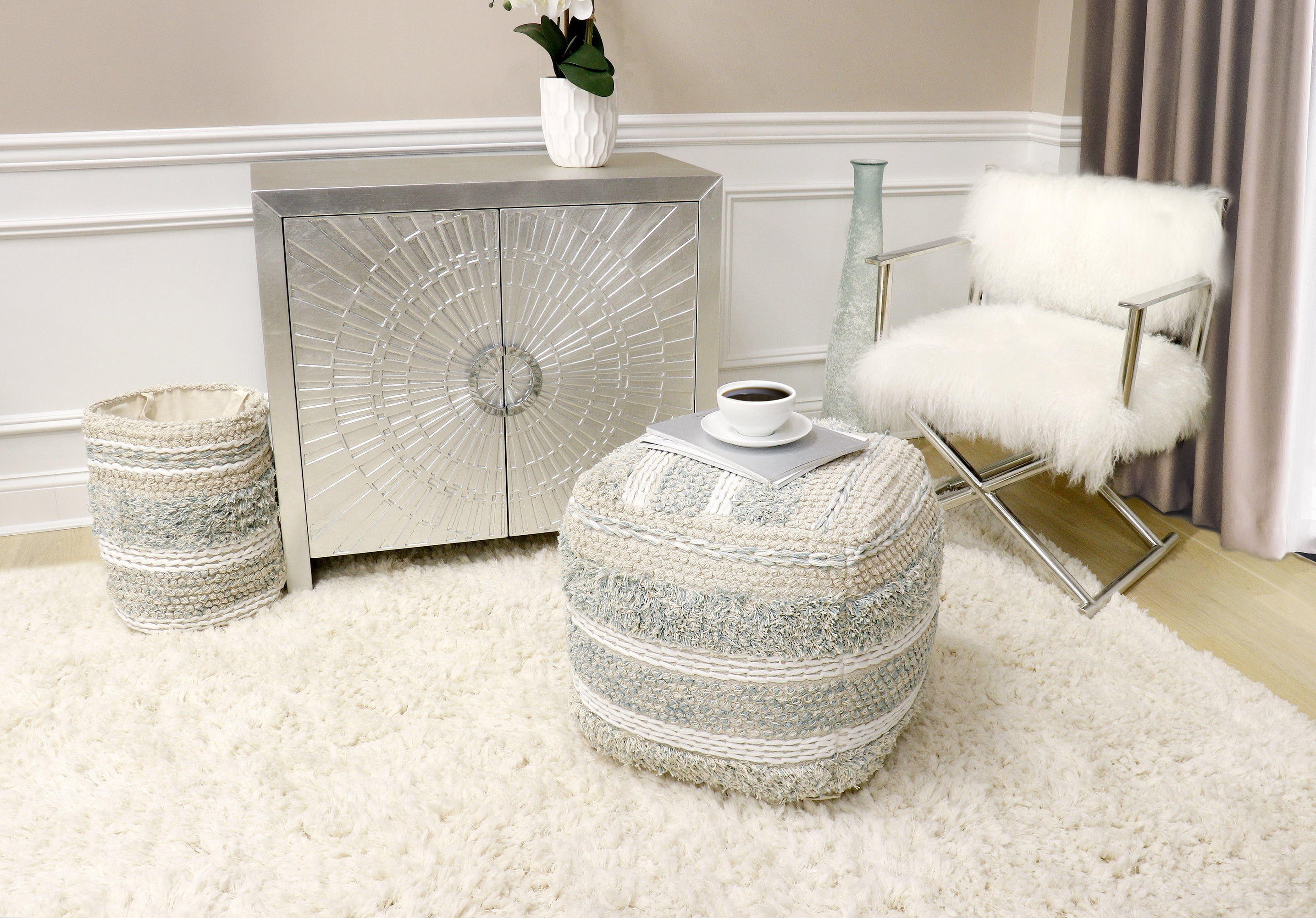 Pasargad Home PPF-176-1 Grand Canyon Shag Cotton Pouf - Beige - 17.75 x 17.75 x 17.75 in.