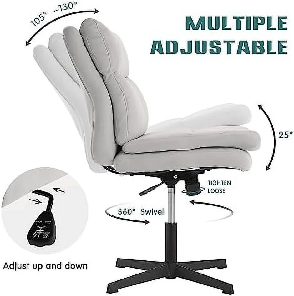 TJUNBOLIFE Armless Home Office Desk Chair No Wheels  Modern Double Padded Ergonomic Vanity Chair  Mid-Back Height Adjustable Cushioned Swivel Task Chairs  Wide Seat (Creamy White)