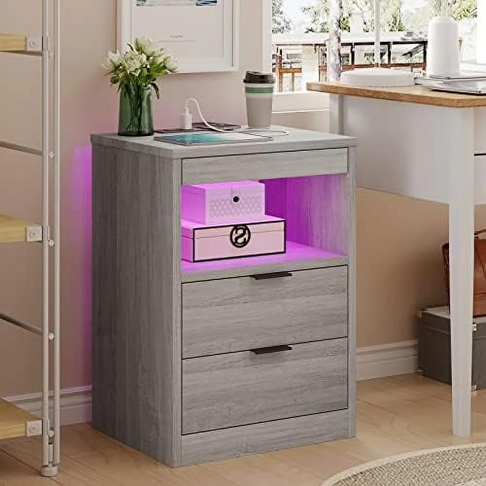 NLIBOOMLife Black Nightstand with LED Lights and Charging Station  LED Bedside Table with Open   2 Drawers  1 Pull-Out Tray  End Table.