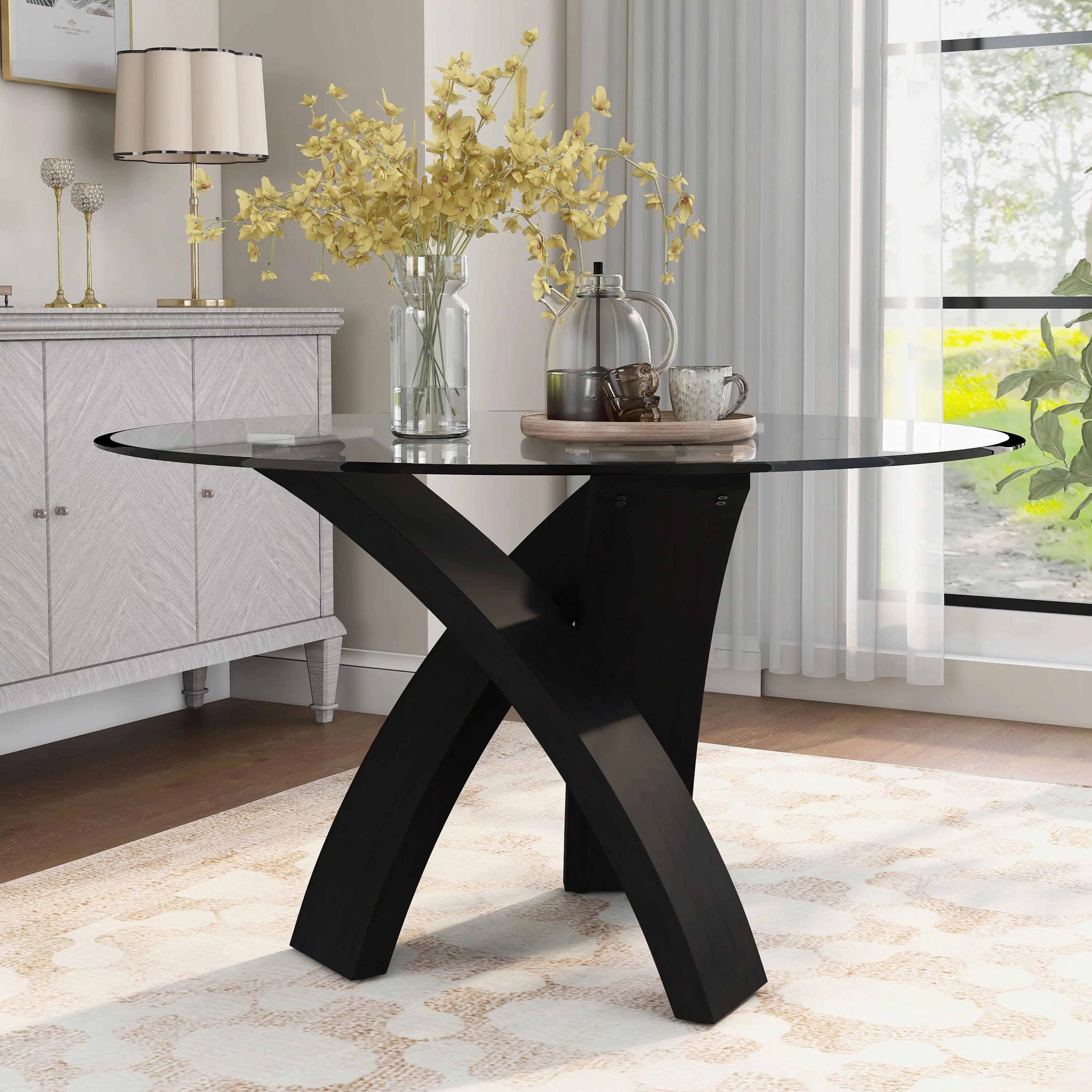 Furniture of America Evans Glass Top Round Dining Table, Black