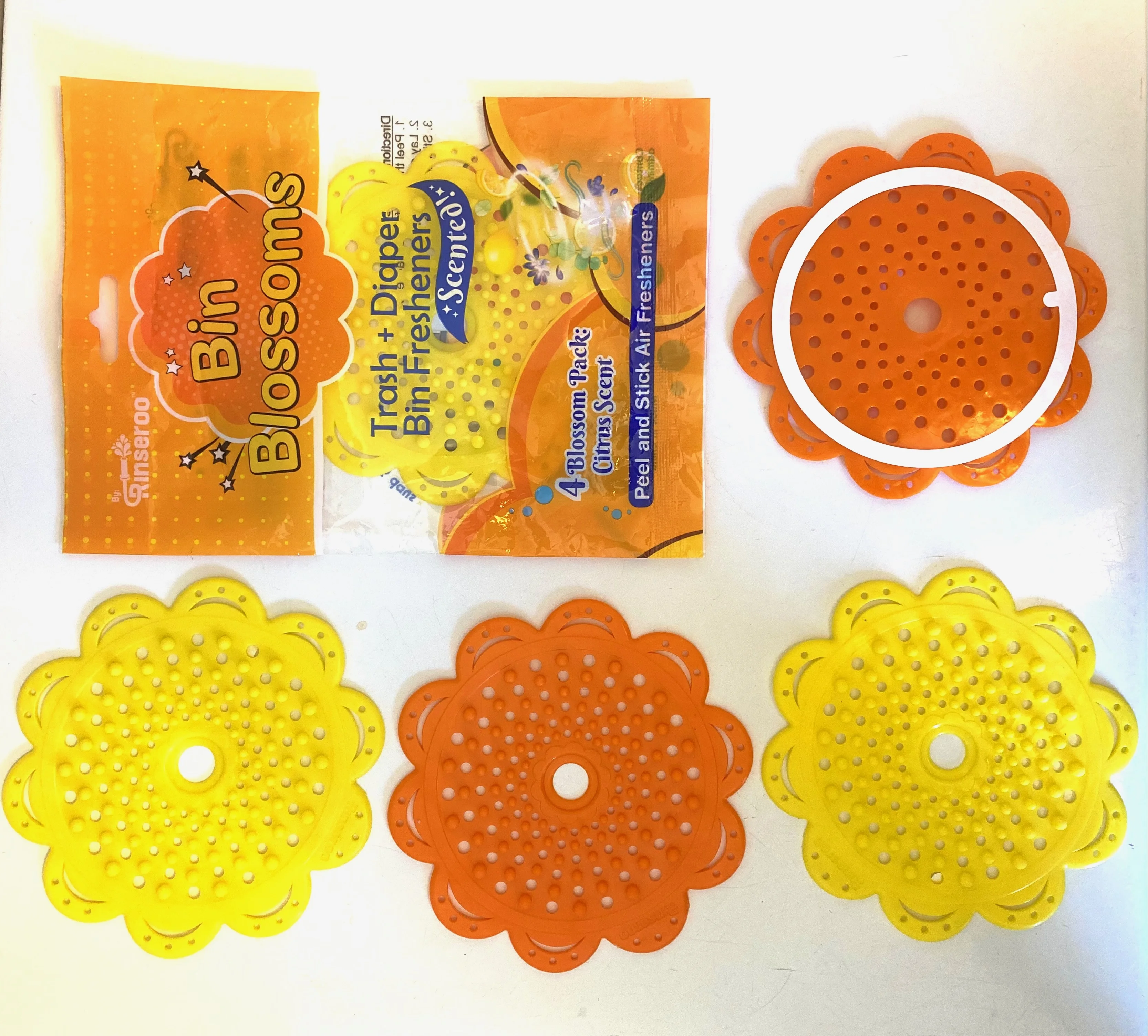 Bin Blossoms: 4-Pack Citrus Fresh Peel & Stick Air Freshener, Trash Can Odor/Smell Neutralizer, Diaper Pail Odor Control, Garbage Bin & Trash Deodorizer, Stick On Air Freshener for Trash Lid or Base