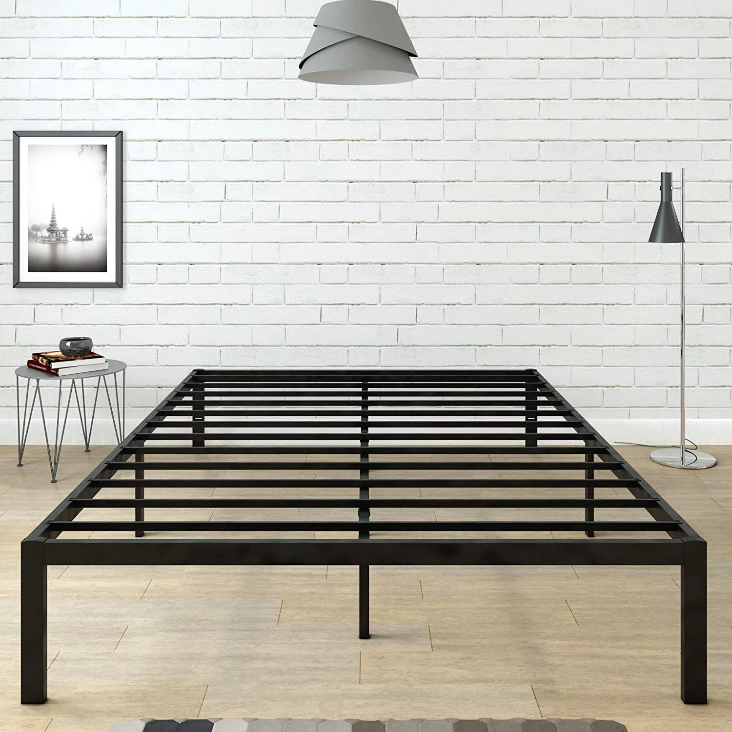 Minimalistic Queen Size Black Iron Bed Frame With Headboard Footboard Wrought Rod Art Heavy Duty Steel Metal Platform Foundation Farmhouse Industrial 1000 Lbs Capacity