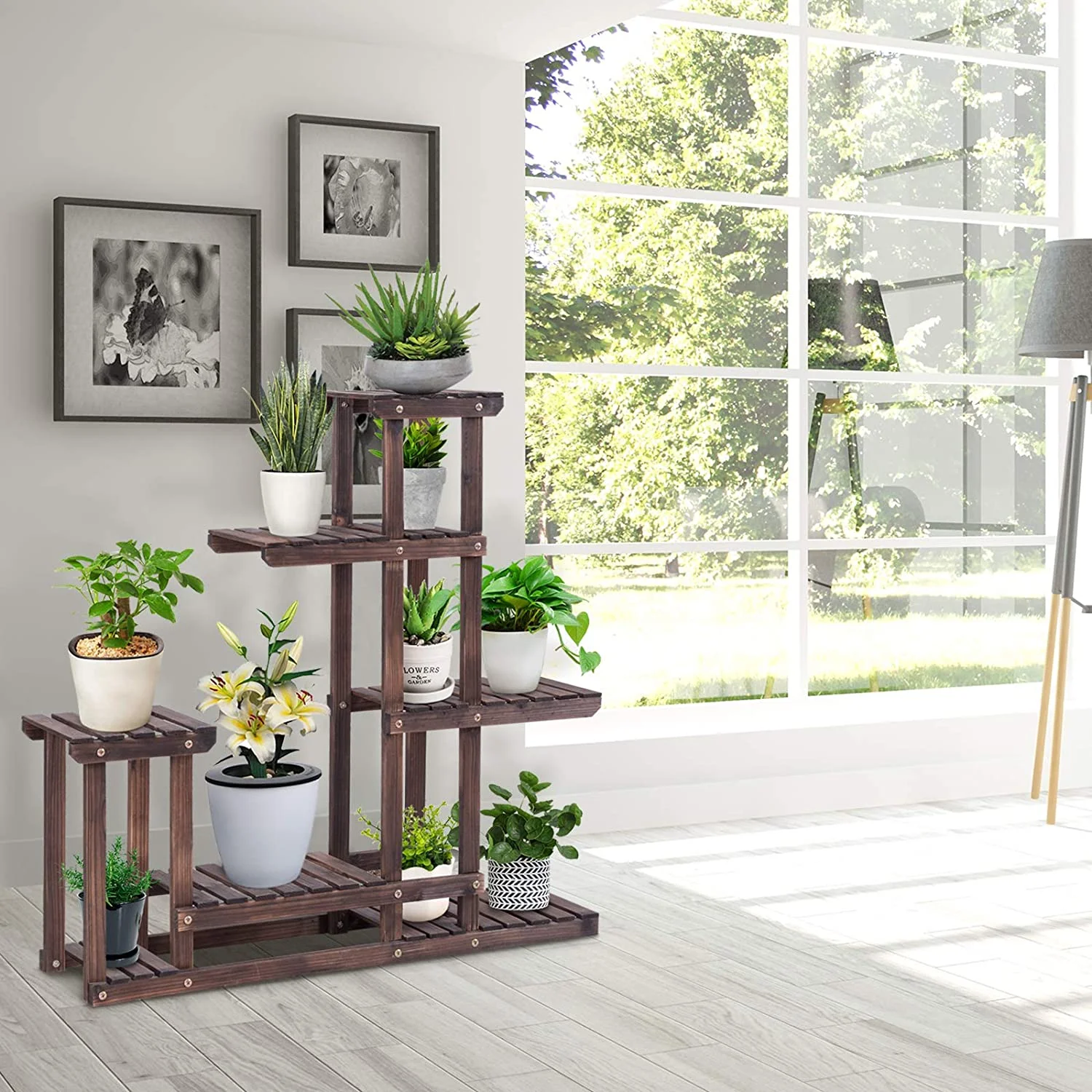 6 Tier Wooden Plant Stand, 10 Pots Flower Display Rack, Vertical Shelves Plant Pot Holder, Multiple Tier Plant Succulent Bonsai Organizer Storage for Home Patio Balcony Garden