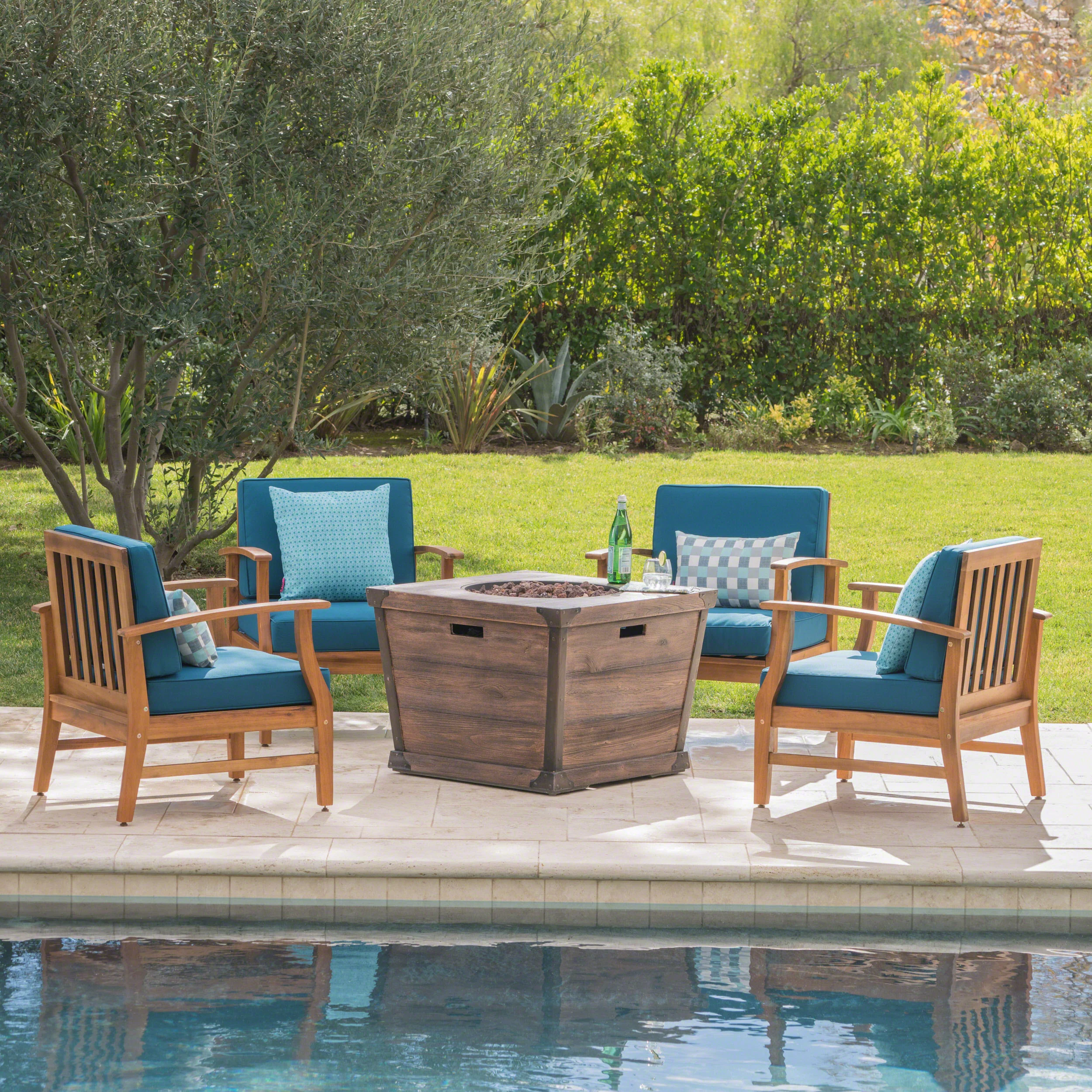 GDF Studio Belle Outdoor 4 Seater Teak Acacia Wood Chat Set with Fire Pit