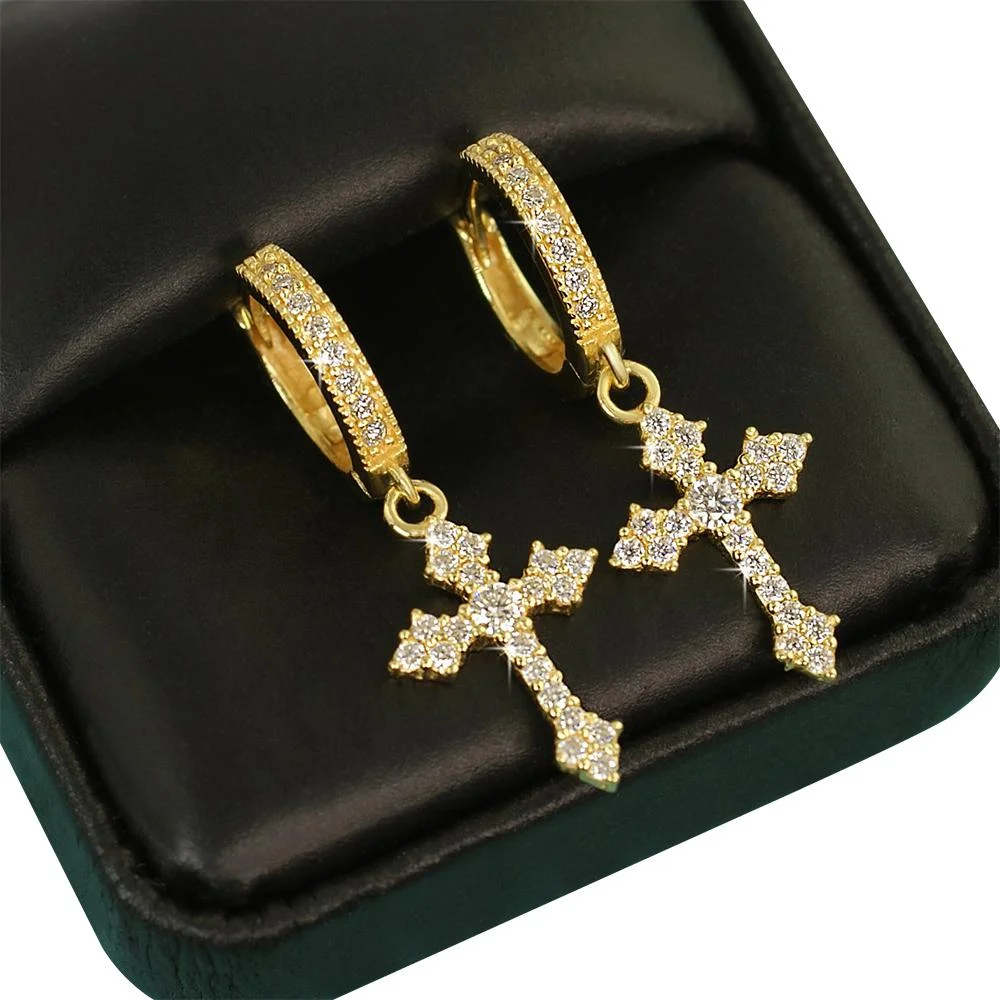Dangling Antique Cross Hoop VVS Moissanite Earrings .925 Sterling Silver