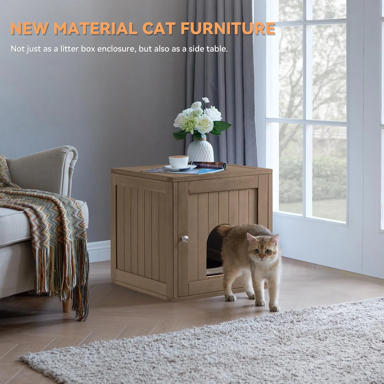 Efurden Indoor Cat House, Litter Box Enclosure Furniture, Waterproof Cat Litter Box Furniture Hidden, Cat Litter Cabinet, Side Table, Nightstand (Brown)