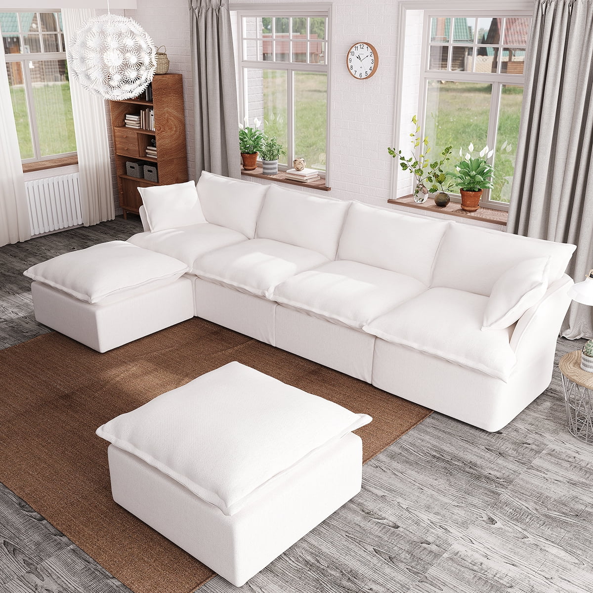 Indecor Home Sectional Sofa U Shape 4 Seater with 2 Ottomans Convertible Couch Linen Blend Sofa Set for Living Room Furniture White