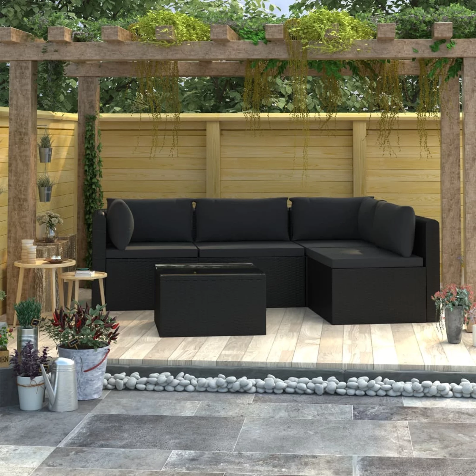 Dcenta 5 Piece Patio  Set  Conversation Set with Black Cushion Poly Rattan Sectional  Furniture Set for Garden, Backyard, Patio, Balcony, Poolside