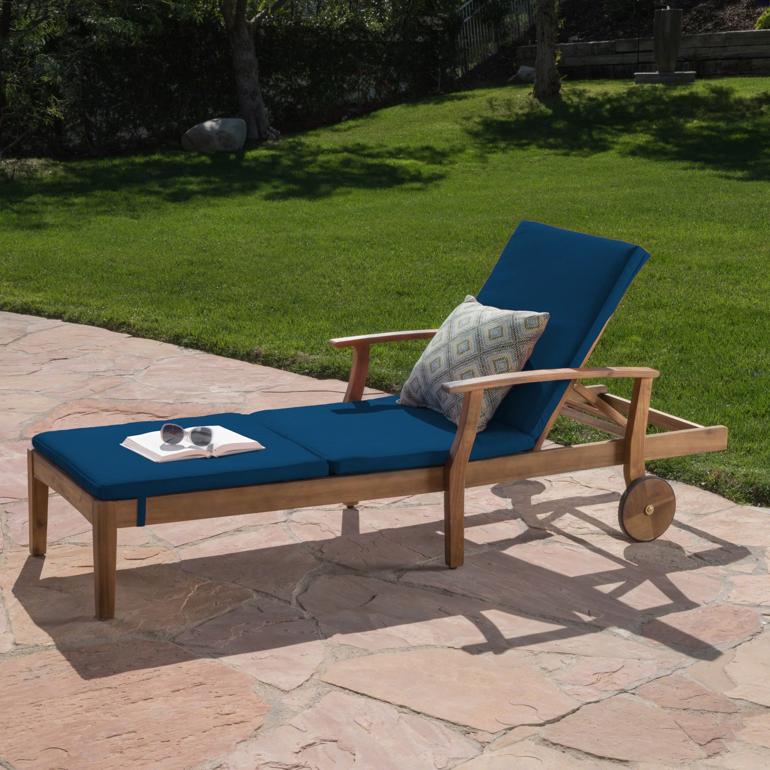 Mavis Outdoor Chaise Lounge With Cushion, Teak Finish, Orange