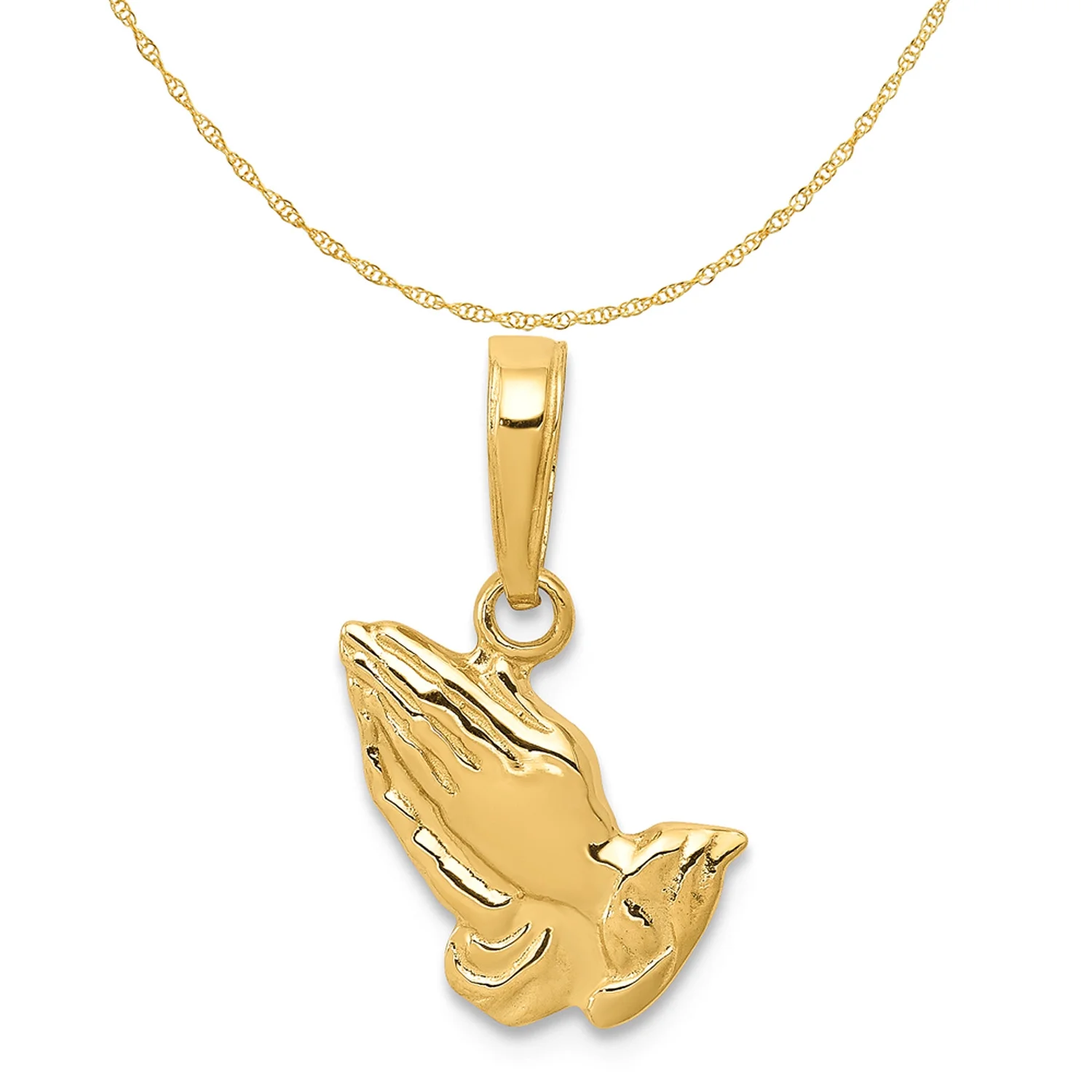 Carat in Karats 14K Yellow Gold Praying Hands Pendant Charm (17mm x 13mm) With 14K Yellow Gold Lightweight Rope Chain Necklace 20''