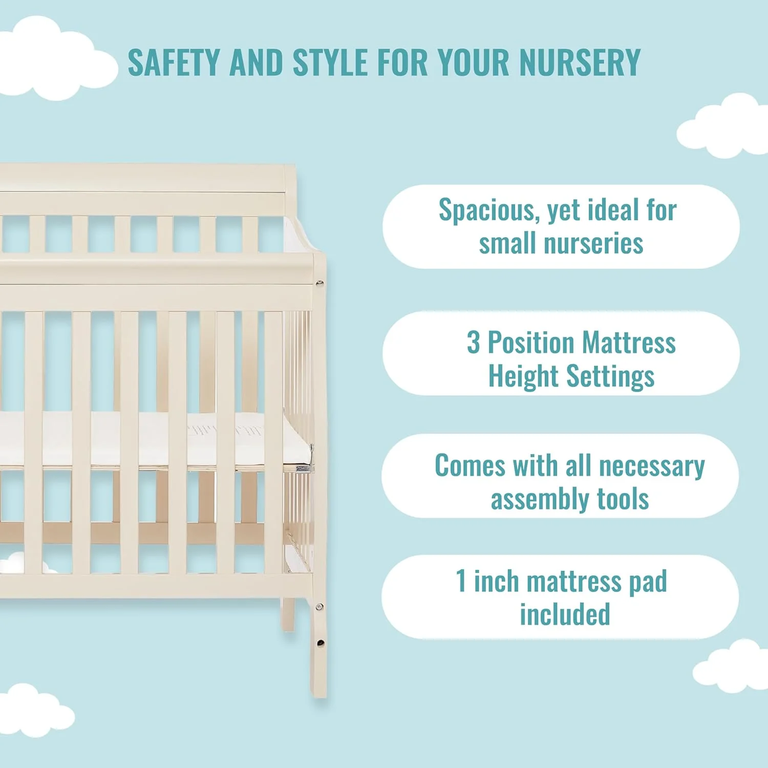 Aden 4-in-1 Convertible Mini Crib In French White, Greenguard Gold Certified, Non-Toxic Finish, New Zealand Pinewood, With 3 Mattress Height Settings