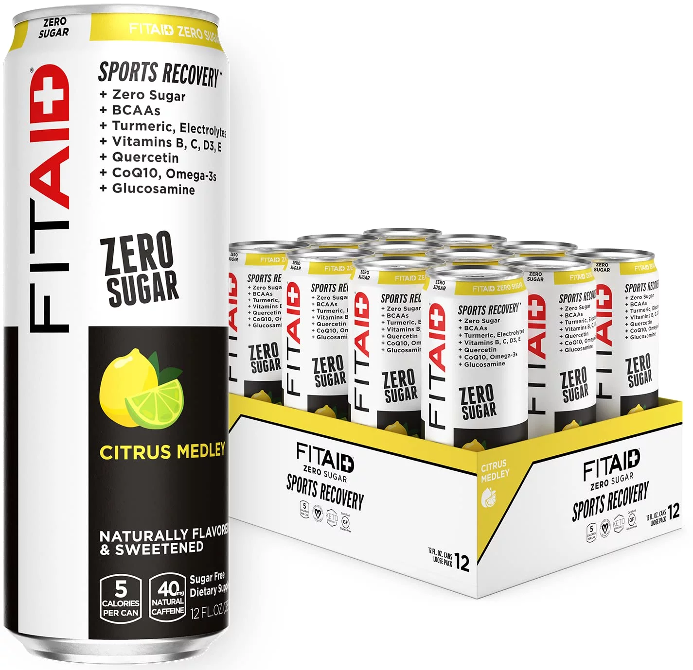 FITAID ZERO, No Artificial Flavors or Sweeteners, Keto-Friendly, Number 1 Post-Workout Recovery Drink, Contains Zero Sugar, BCAAs, Glucosamine, Omega-3s, Green Tea, 5 Calories, 12 Fl Oz (Pack of 12)